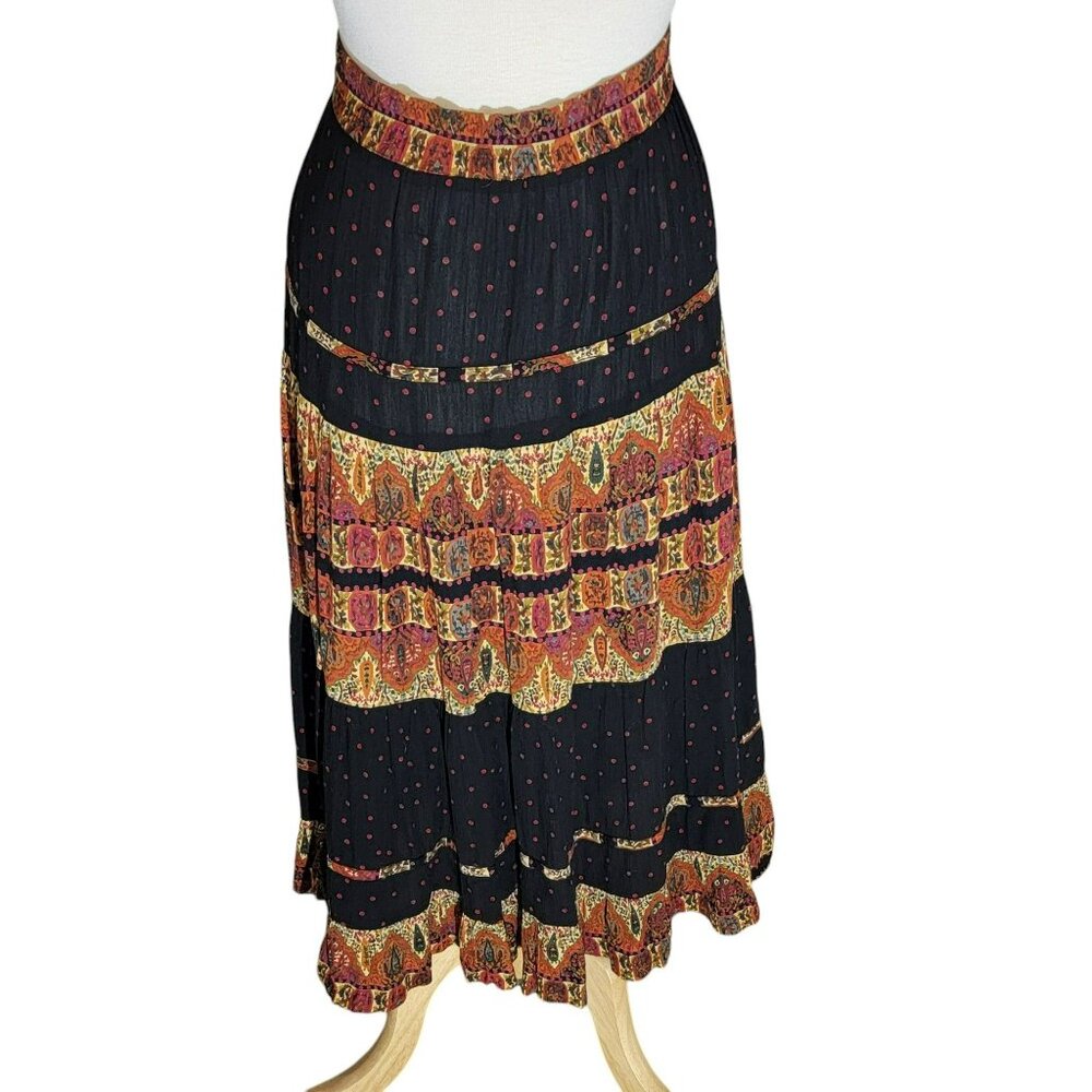 Vintage JM By Shelli Segal Broom Skirt, WOmen M, Black w/Tan & Rust Accent, GUC